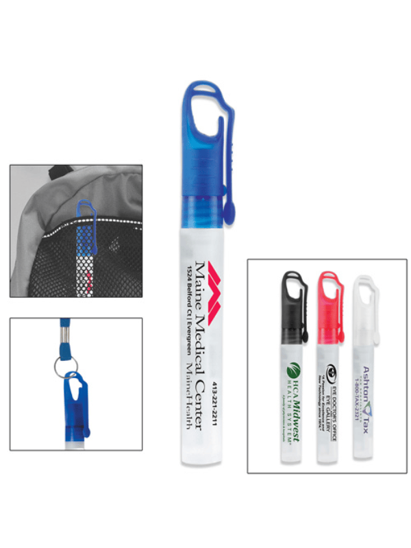 “SprayClip” 10 ml. Antibacterial Hand Sanitizer Spray Pump Bottle with Carabiner Clip Cap